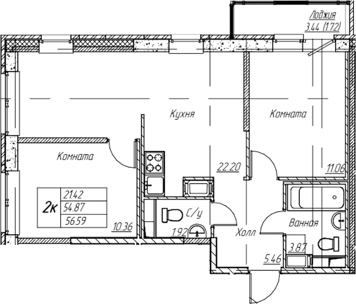 2-комнатная квартира 56.59 м², 11/22 эт., ЖК «Парк-квартал Юнтолово»